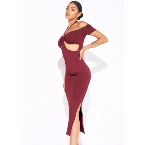 Burgundy Halter Neck Off Shoulder Short Sleeve Slit Cutout Bodycon Midi Dress - Picture 3 of 13